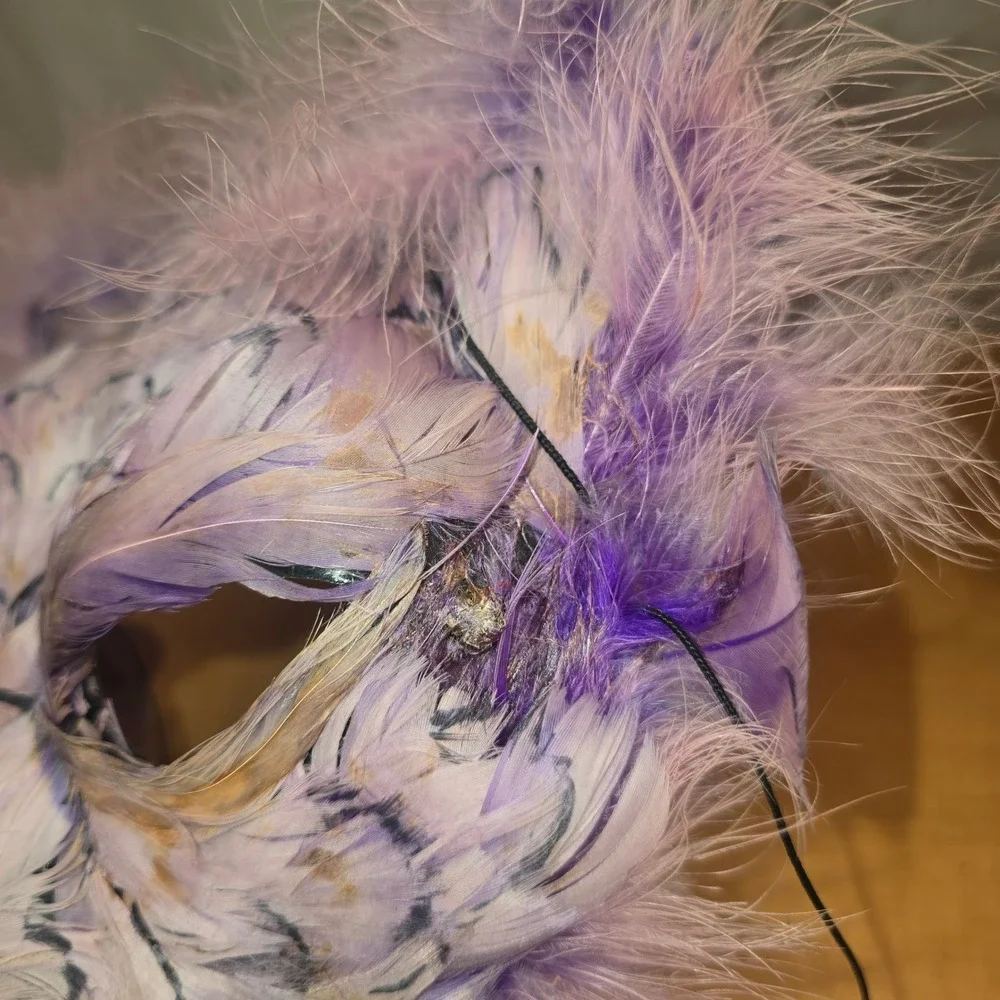 Marti‎ Gras Cat Kitten Purple Mask Vintage Handmade feathers whiskers